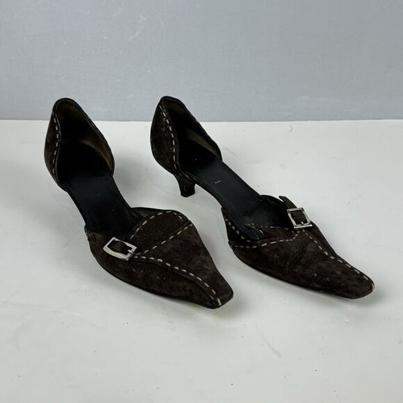Prada Brown Suede D'Orsay Pumps Kitten Heels Buckle Pointed Toe Size 5.5 EU 35.5 - Picture 1 of 12